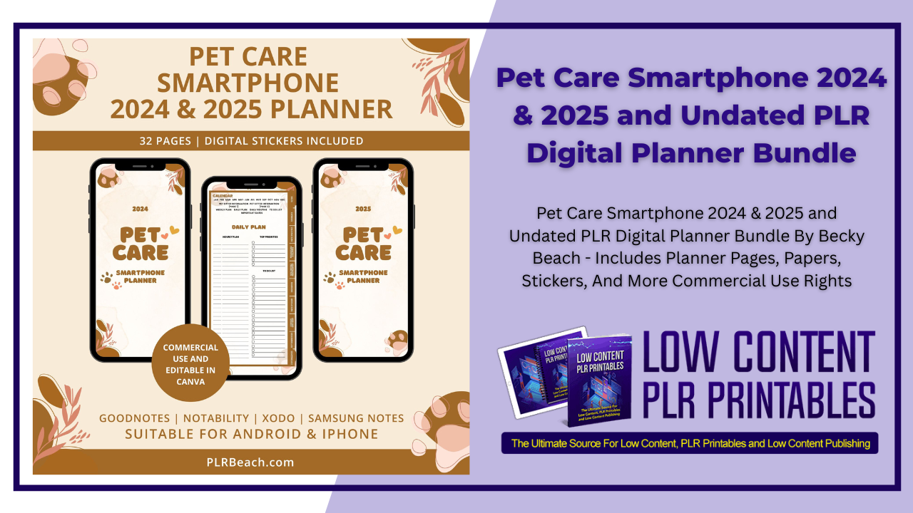 Pet Care Smartphone 2024 & 2025 and Undated PLR Digital Planner Bundle