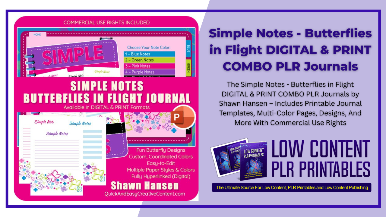 Simple Notes Butterflies in Flight DIGITAL & PRINT COMBO PLR Journals