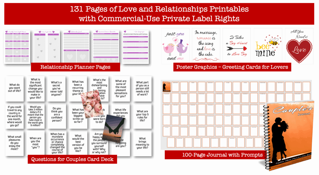 Love and Relationships PLR Printable Kit Planners Card Decks Posters