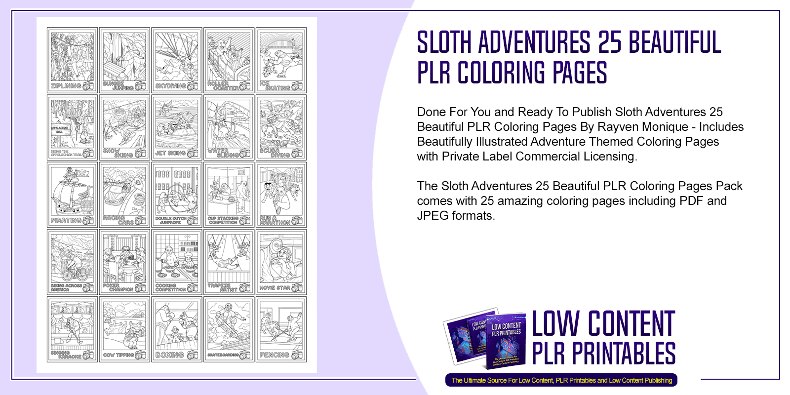Sloth Adventures 25 Beautiful PLR Coloring Pages