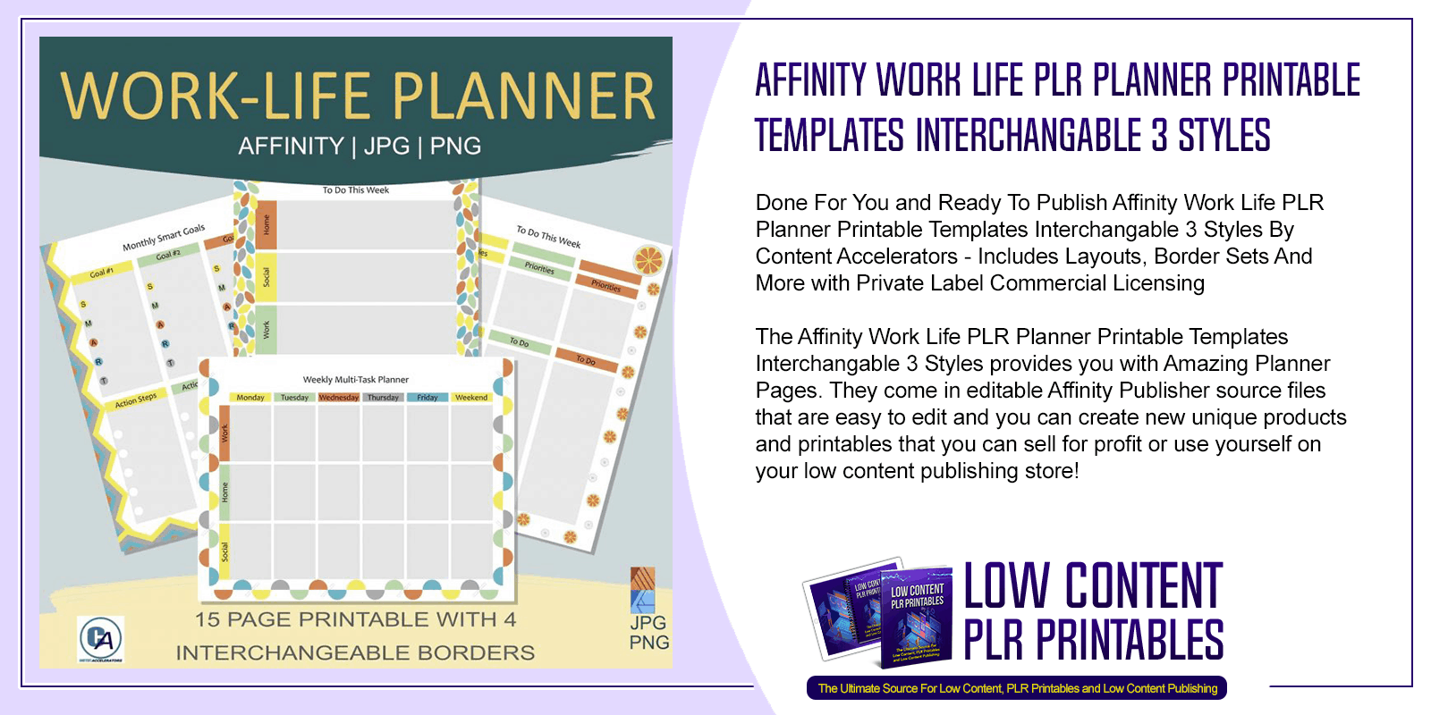 Affinity Work Life PLR Planner Printable Templates Interchangable 3 Styles