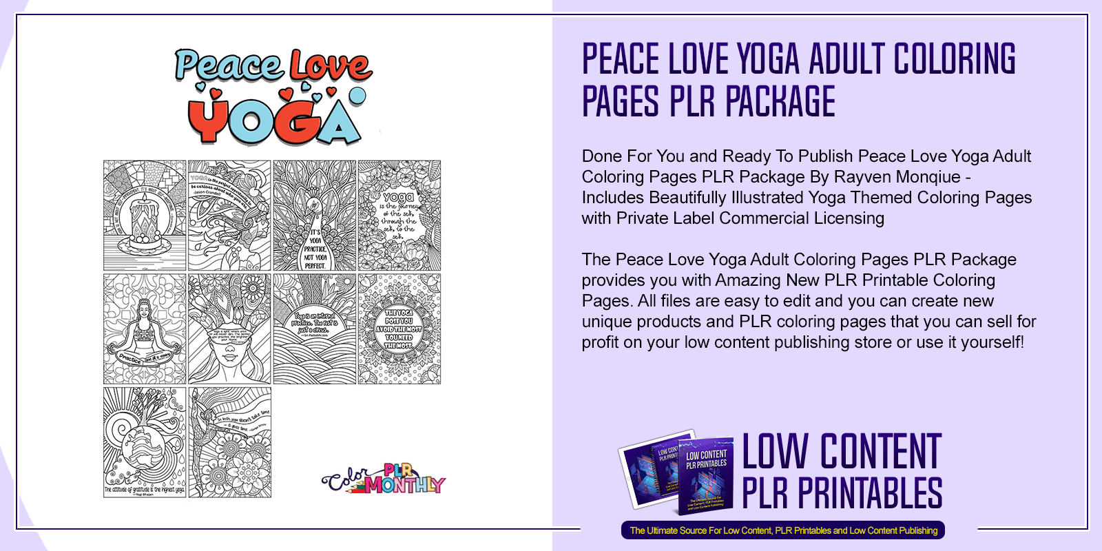 Peace Love Yoga Adult Coloring Pages PLR Package