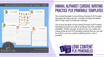 Animal Alphabet Cursive Writing Practice PLR Printable Templates