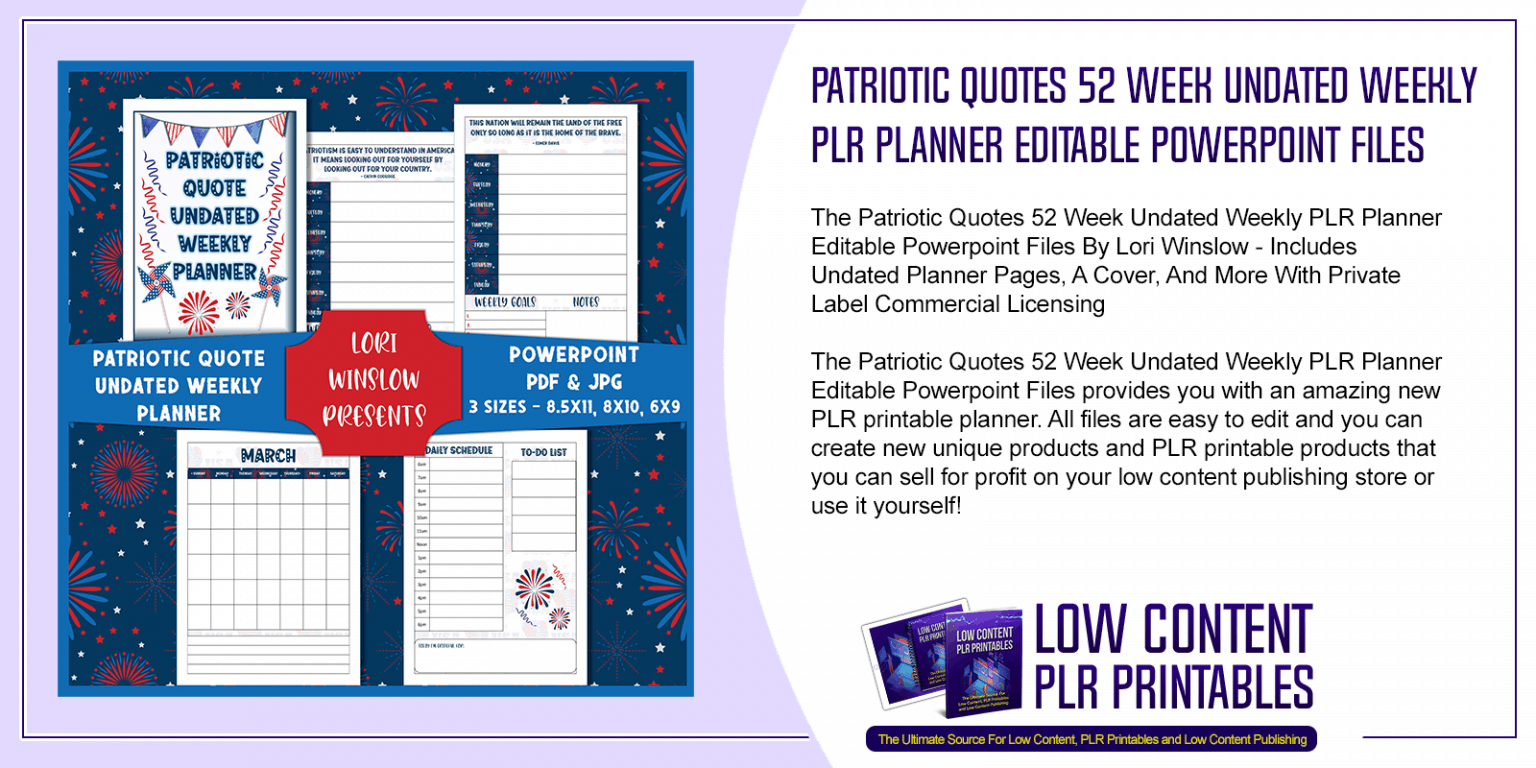 Patriotic Quotes 52 Week Undated Weekly PLR Planner Editable Powerpoint ...