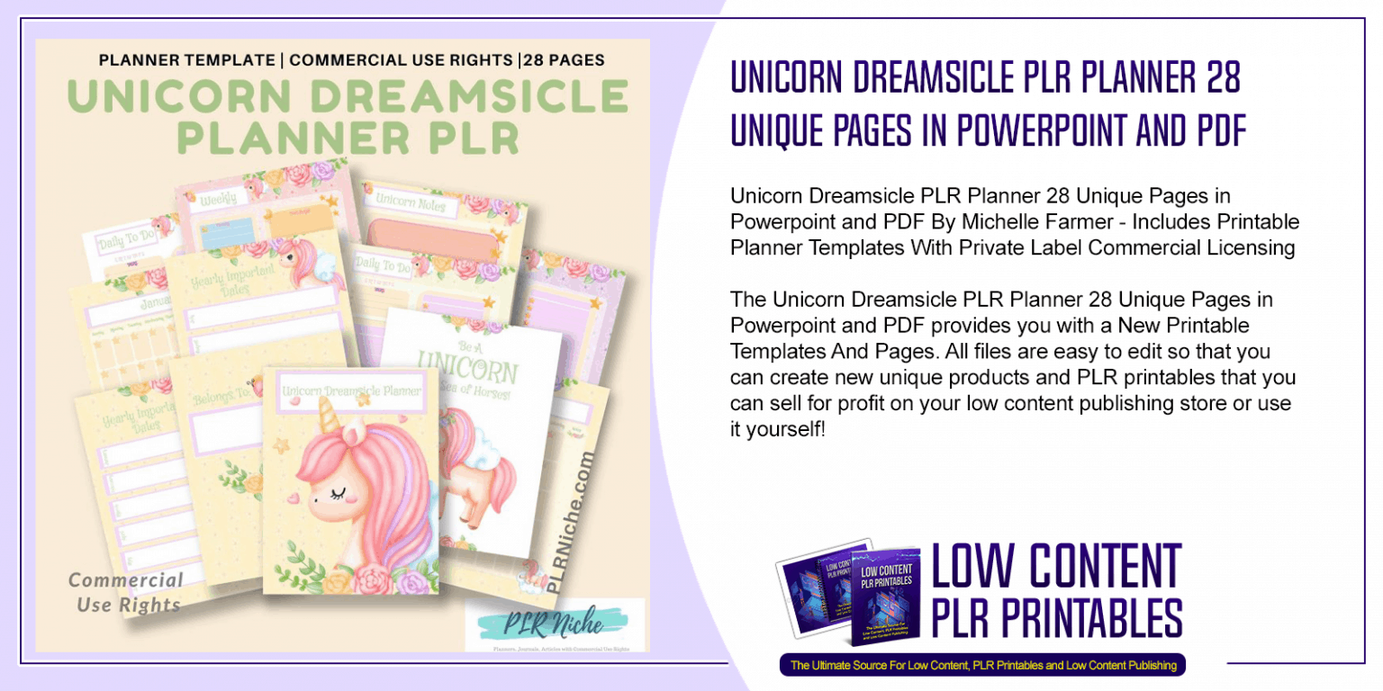 Unicorn Dreamsicle PLR Planner 28 Unique Pages in Powerpoint and PDF
