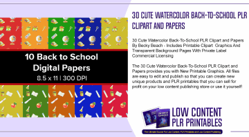 30 Cute Watercolor Back To School PLR Clipart and Papers