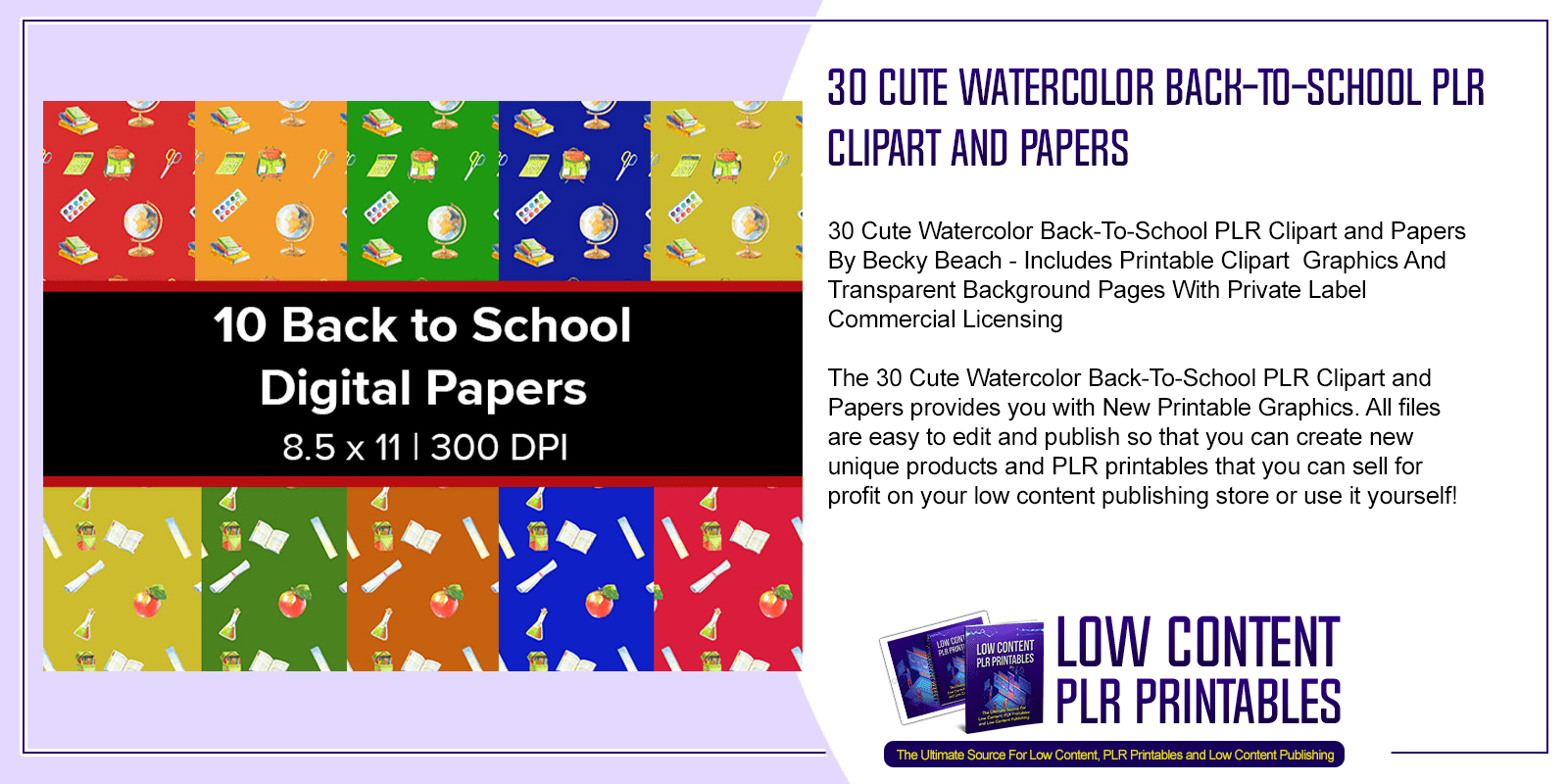 30 Cute Watercolor Back To School PLR Clipart and Papers