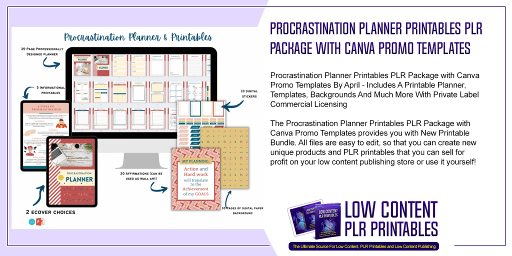 Procrastination Planner Printables PLR Package with Canva Promo Templates