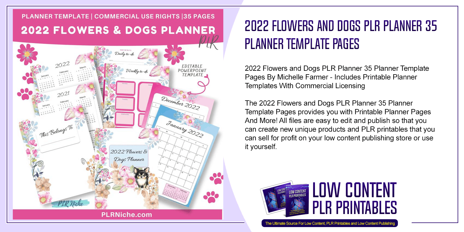 2022 Flowers and Dogs PLR Planner 35 Planner Template Pages