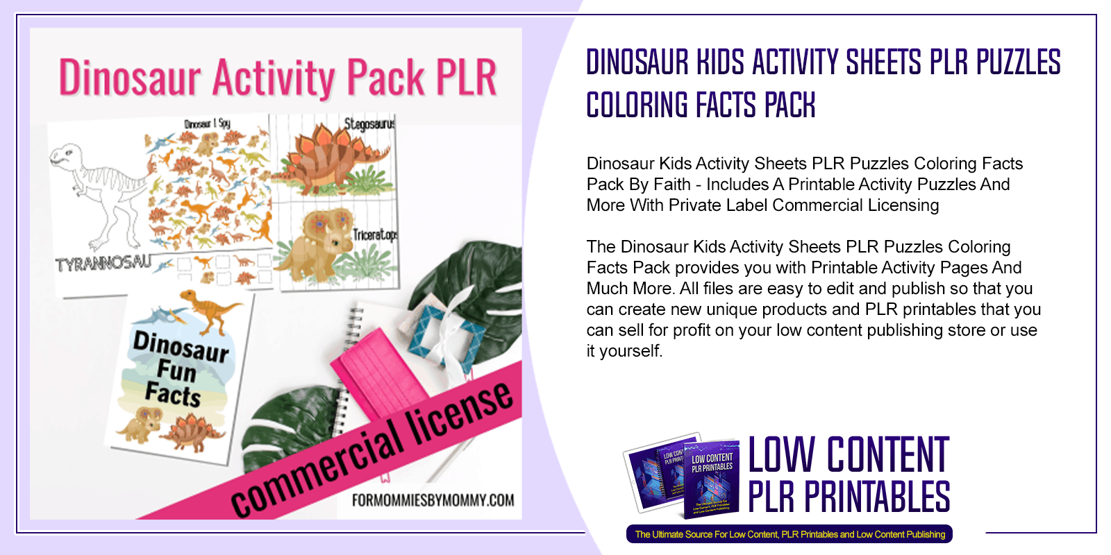 Dinosaur Kids Activity Sheets PLR Puzzles Coloring Facts Pack