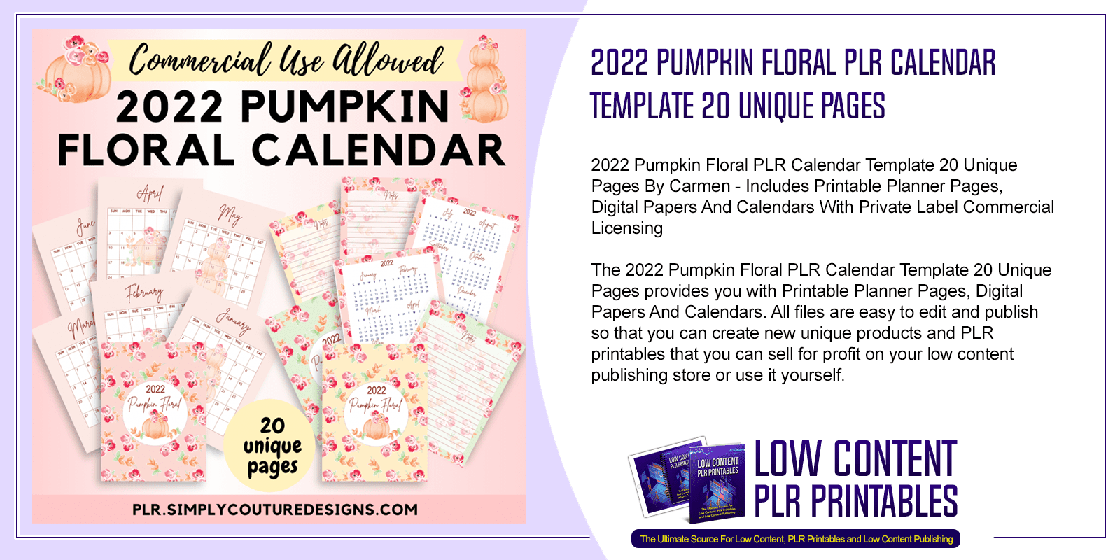 2022 Pumpkin Floral PLR Calendar Template 20 Unique Pages
