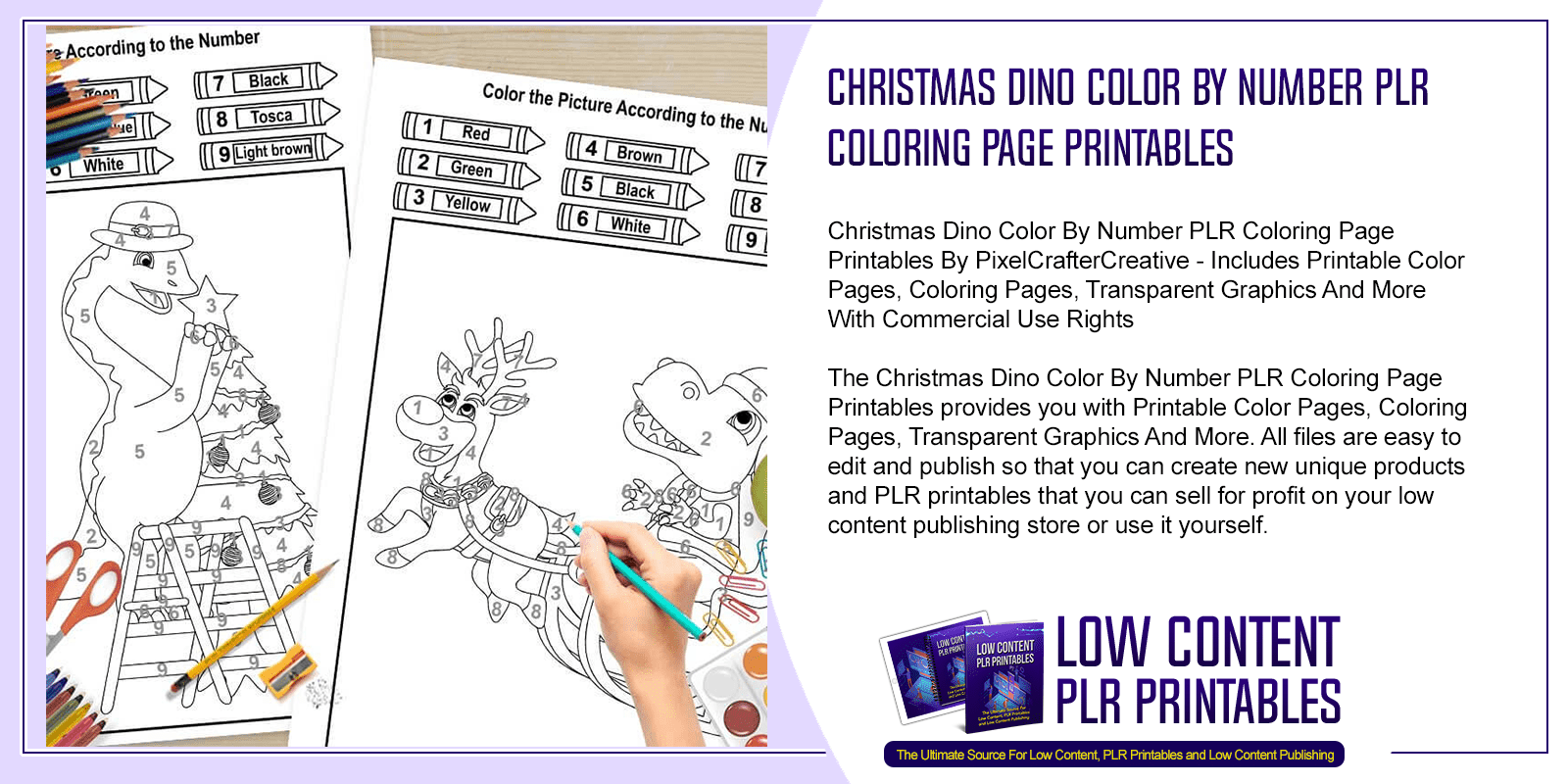 Christmas Dino Color By Number PLR Coloring Page Printables