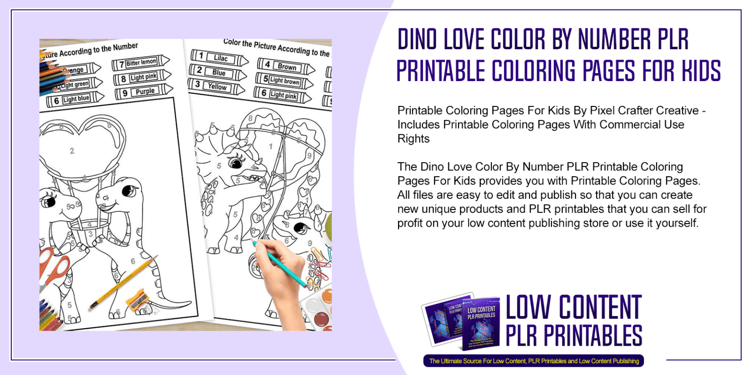 Dino Love Color By Number PLR Printable Coloring Pages For Kids