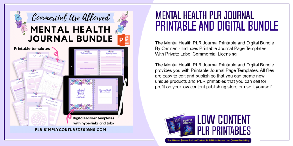 Mental Health PLR Journal Printable and Digital Bundle | PLR Printables