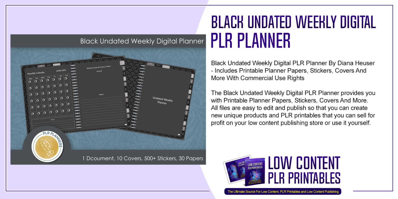 Black Undated Weekly Digital PLR Planner | PLR Planner Templates