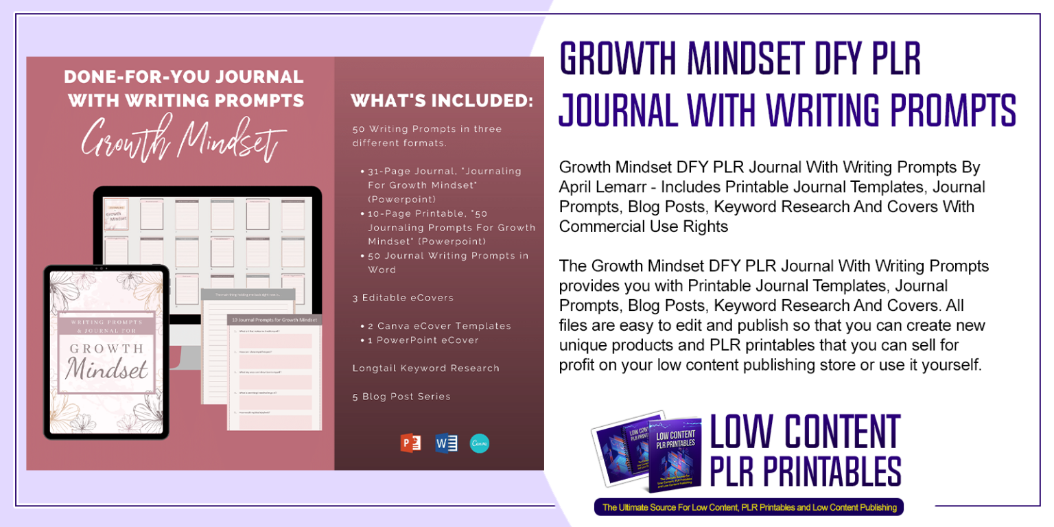 Growth Mindset DFY PLR Journal With Writing Prompts | PLR journal