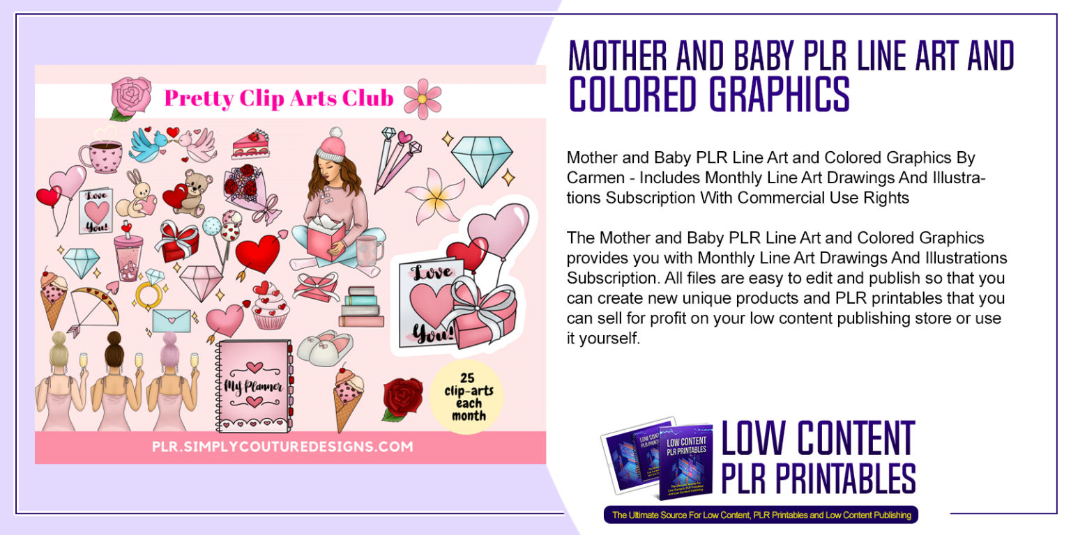 Mother and Baby PLR Line Art and Colored Graphics | PLR Print Graphics