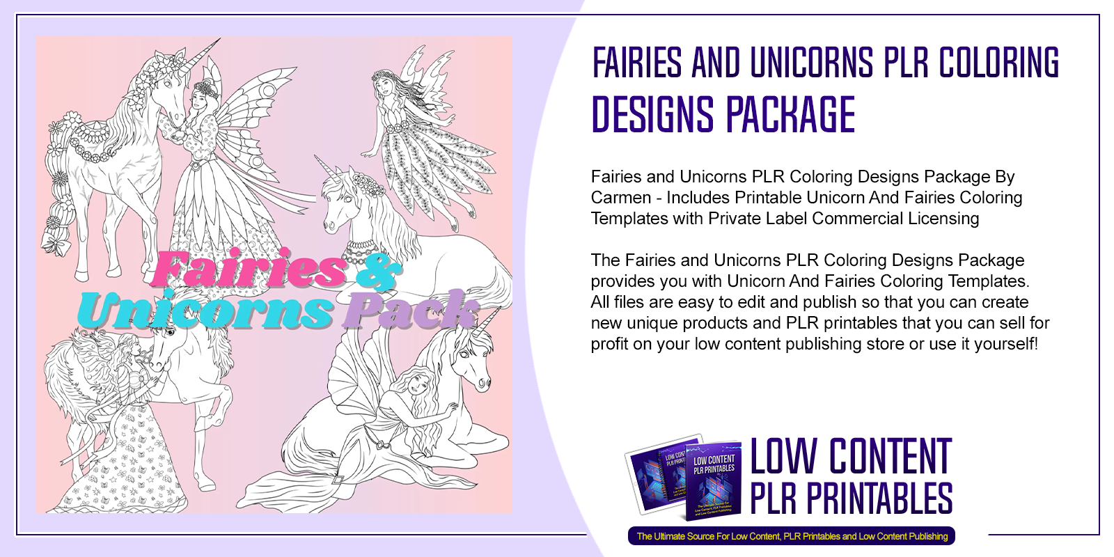 Fairies and Unicorns PLR Coloring Designs Package