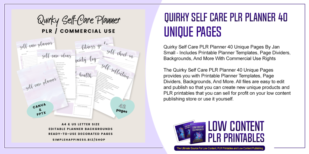 Quirky Self Care PLR Planner 40 Unique Pages| PLR Printable Planner