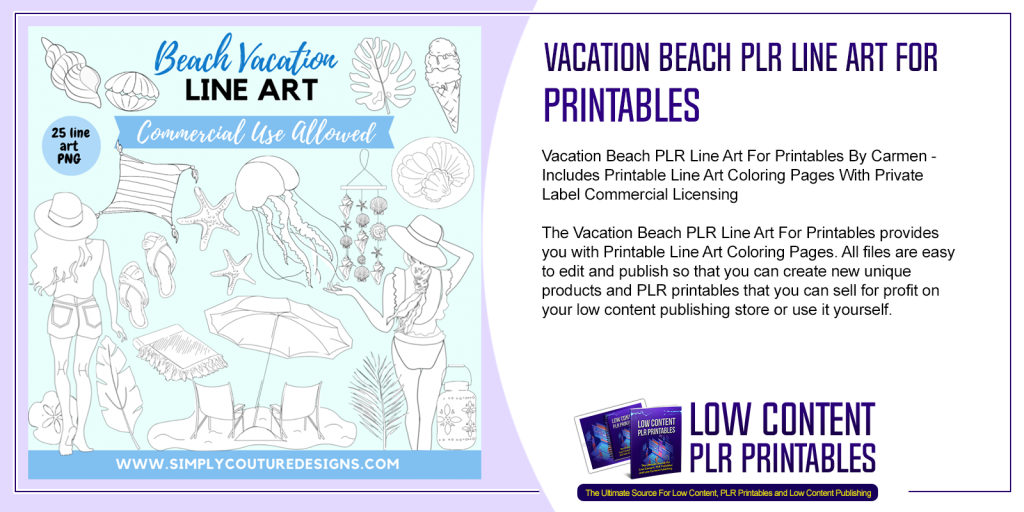 Vacation Beach PLR Line Art For Printables | PLR Printable Graphics