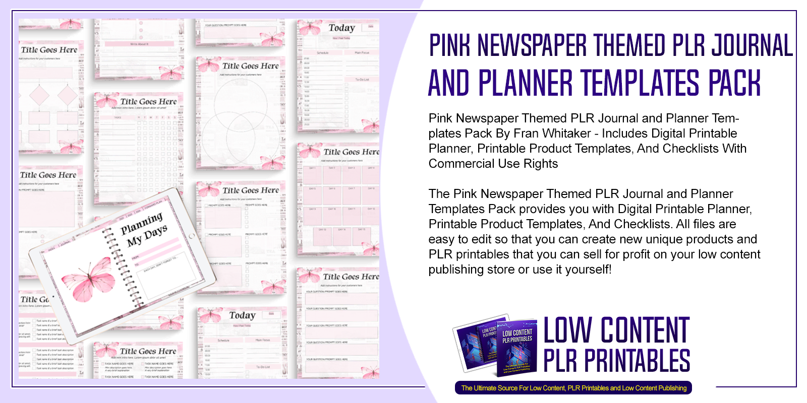 Pink Newspaper Themed PLR Journal and Planner Templates Pack