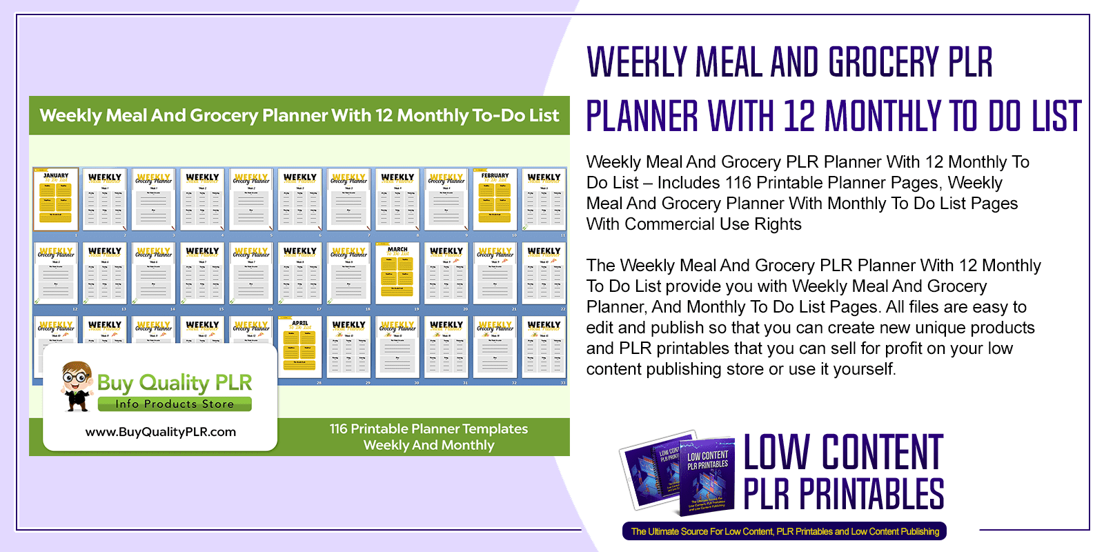 Weekly Meal And Grocery PLR Planner With 12 Monthly To Do List