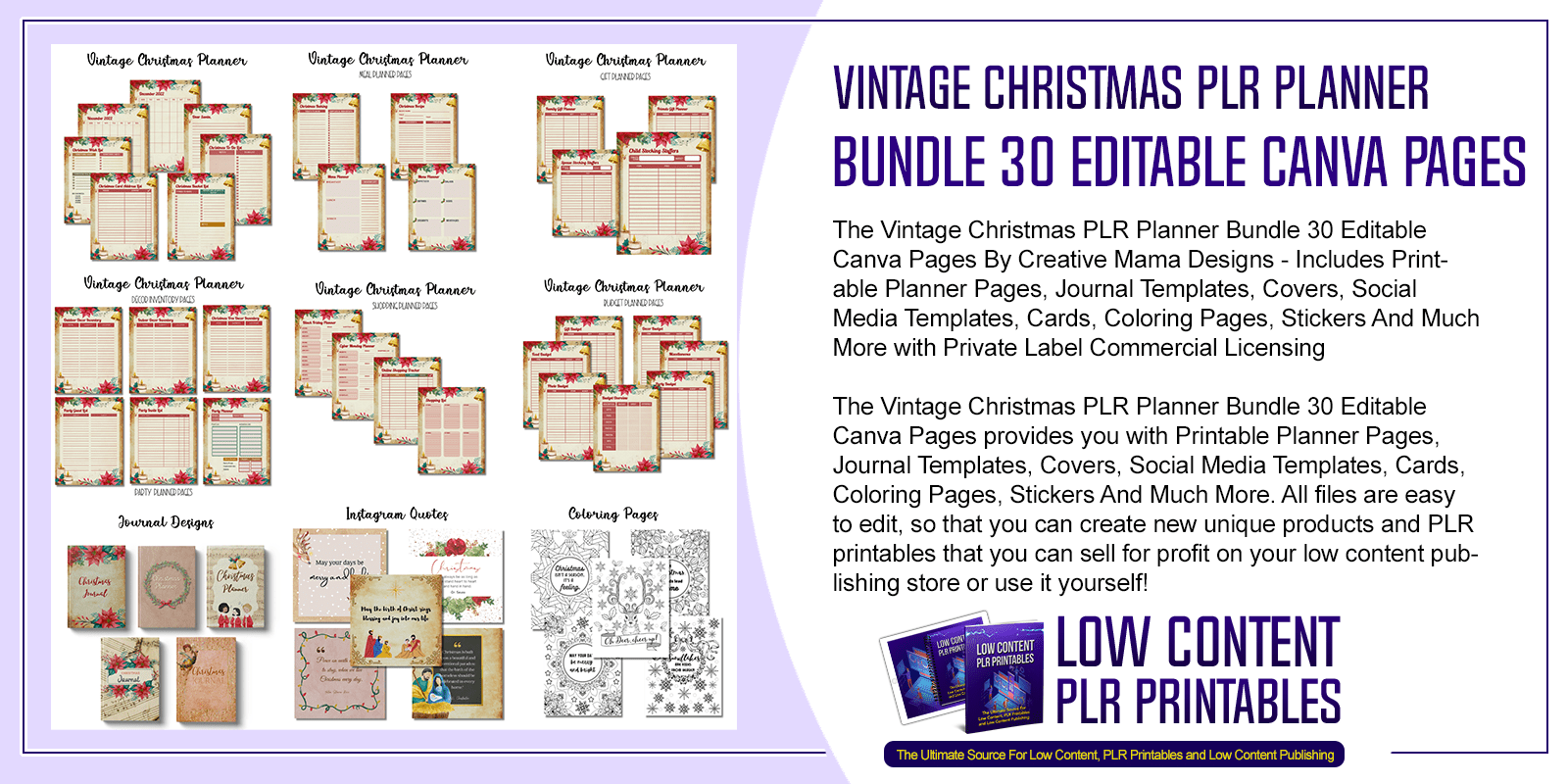 Vintage Christmas PLR Planner Bundle 30 Editable Canva Pages
