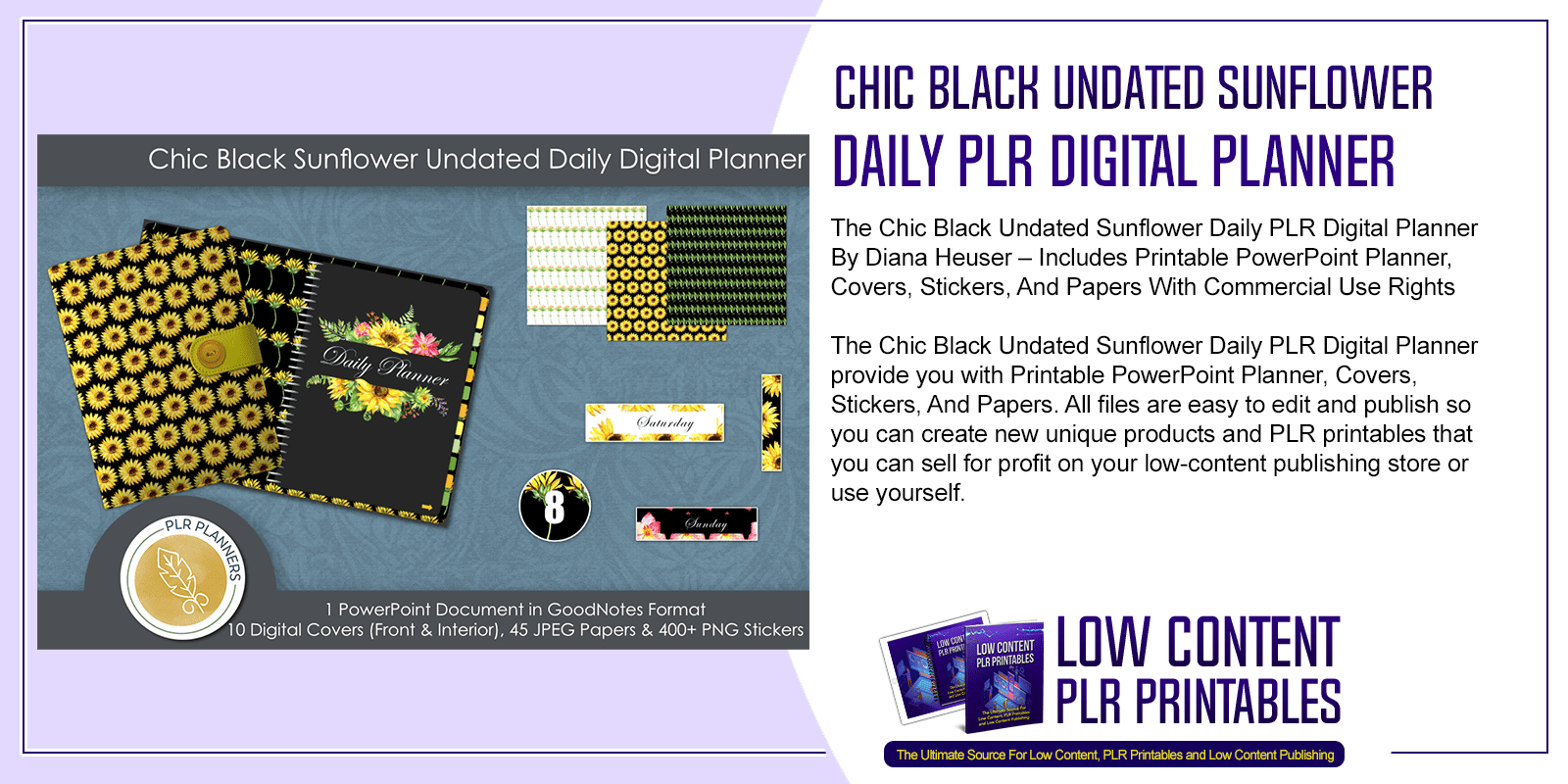 Chic Black Undated Sunflower Daily PLR Digital Planner
